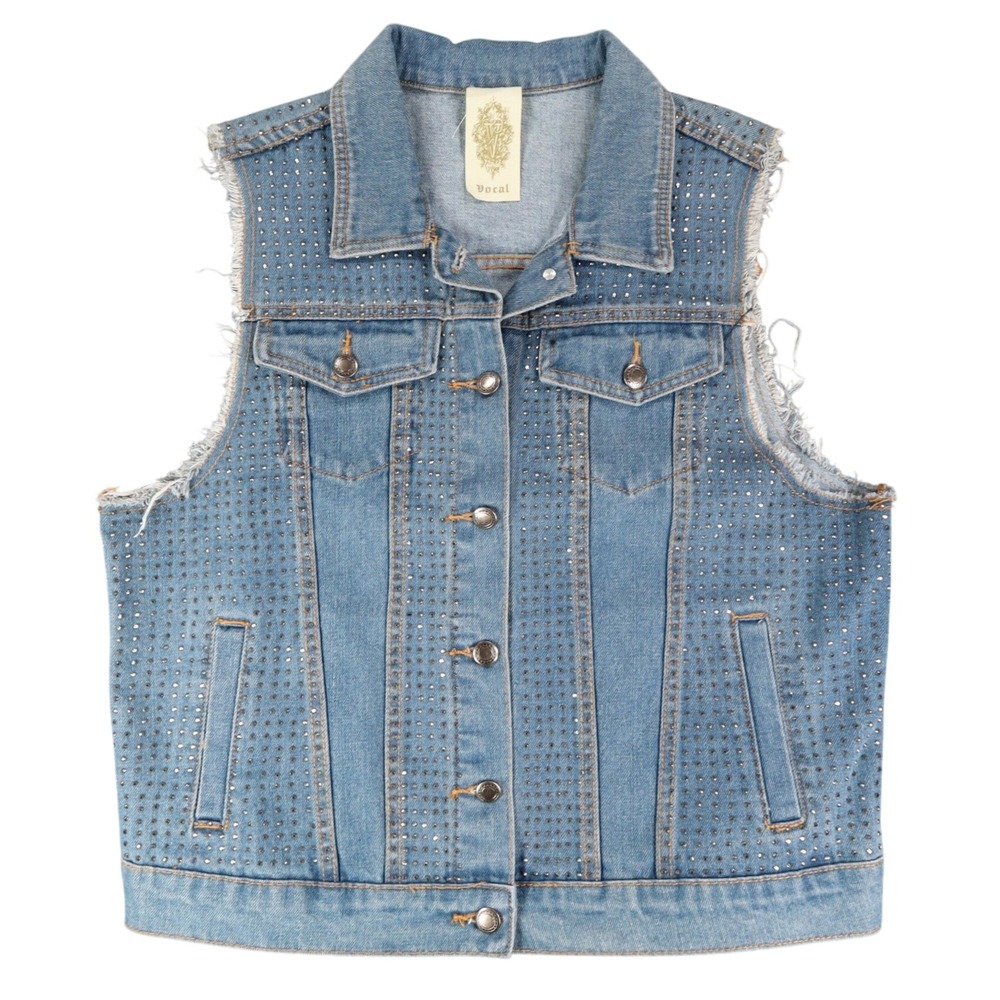 Vocal Denim Vest Womens Large Blue Light Wash Rhinestone Studded Frayed Y2K